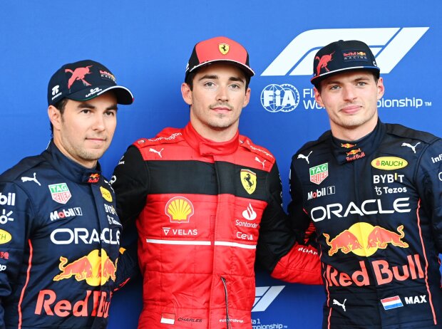 Titel-Bild zur News: Sergio Perez, Charles Leclerc, Max Verstappen