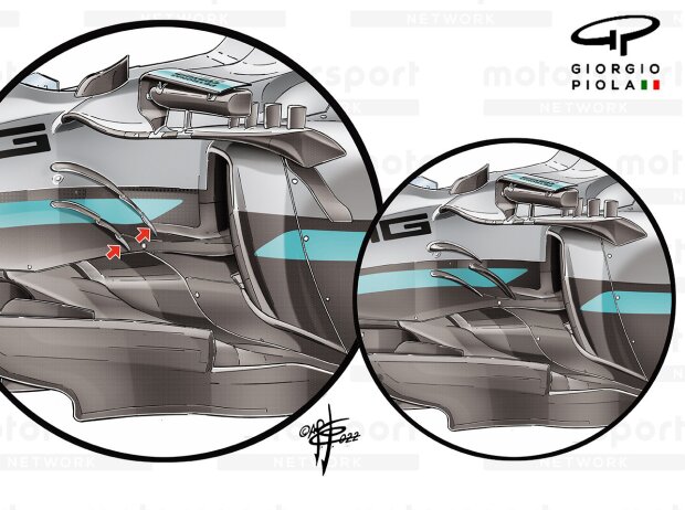 Different types of chassis fins on the Mercedes W13