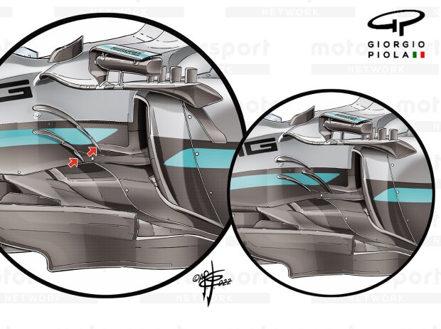 Die unterschiedlichen Chassis-Finnen am Mercedes W13 Die unterschiedlichen Chassis-Finnen am Mercedes W13