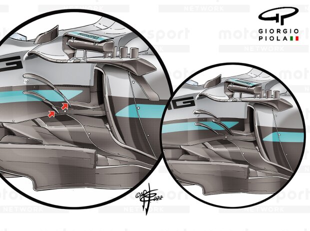 Die unterschiedlichen Chassis-Finnen am Mercedes W13