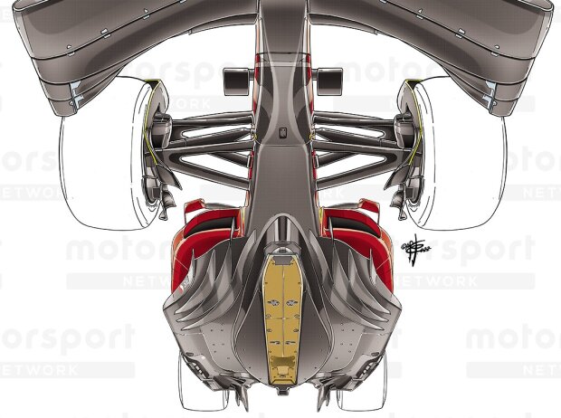 Blick von unten auf ein Formel-1-Auto der Generation 2022 mit Unterboden, Venturi-Kanälen und Bodenplatte Blick von unten auf ein Formel-1-Auto der Generation 2022 mit Unterboden, Venturi-Kanälen und Bodenplatte