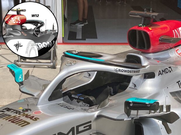 Bumerang-Winglets am Halo des Mercedes W13 (im Kreis zum Vergleich die Lösung des W12)