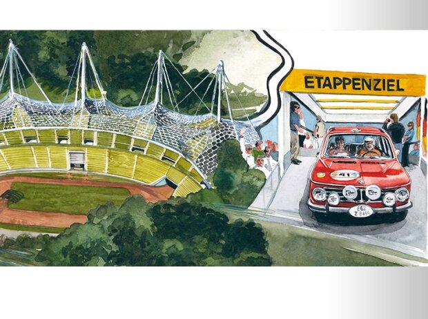 Ausschnitt aus dem Original-Titelbild zum 50 Jahre Revival der Olympia-Rallye '72 - Gemalt von Künstler Uli Ehret Ausschnitt aus dem Original-Titelbild zum 50 Jahre Revival der Olympia-Rallye '72 - Gemalt von Künstler Uli Ehret
