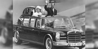 Mercedes-Benz Typ 600 (Baureihe W 100, 1964 bis 1981). Queen Elizabeth II. und Prinz Philip beim Staatsbesuch 1965 in München in einem Pullman-Landaulet