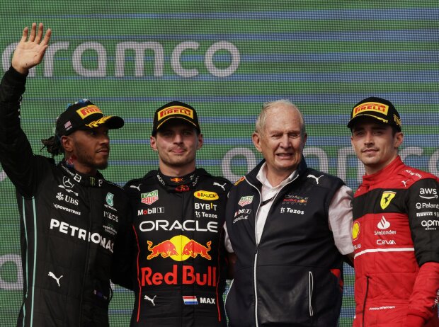 Titel-Bild zur News: Lewis Hamilton, Max Verstappen, Helmut Marko, Charles Leclerc