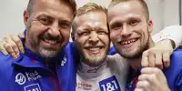 Kevin Magnussen feiert mit dem Haas-Team nach der Poleposition in Brasilien 2022