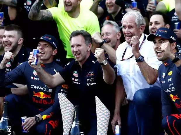 Max Verstappen, Christian Horner, Helmut Marko, Sergio Perez Titel-Bild zur News: Max Verstappen, Christian Horner, Helmut Marko, Sergio Perez
