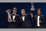 Max Verstappen, Christian Horner (Red Bull) und FIA-Präsident Mohammed bin Sulayem