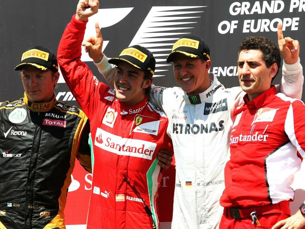 Kimi Räikkönen, Fernando Alonso, Michael Schumacher und Andrea Stella