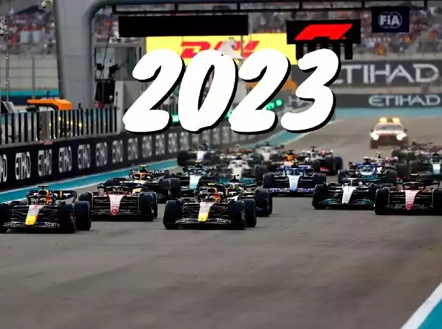 Formel-1-Start in Abu Dhabi mit Schriftzug 2023 Titel-Bild zur News: Formel-1-Start in Abu Dhabi mit Schriftzug 2023