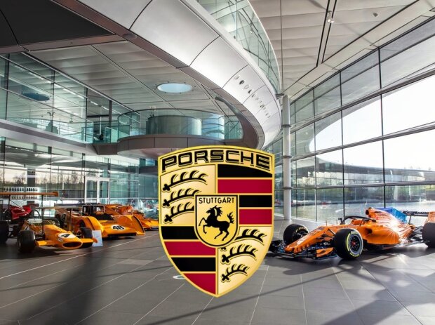 McLaren-Eingangshalle mit Porsche-Wappen McLaren-Eingangshalle mit Porsche-Wappen