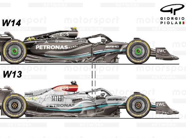 Mercedes W13 von 2022 und Mercedes W14 von 2023 im Direktvergleich