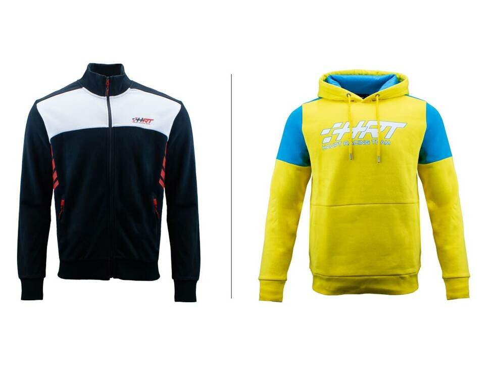 Original DTM-Fanwear von HRT: die Sweatjacke "Racing" in Schwarz und der neue Hoodie "No. 4" in Gelb und Blau aus der HRT-Kollektion 2023