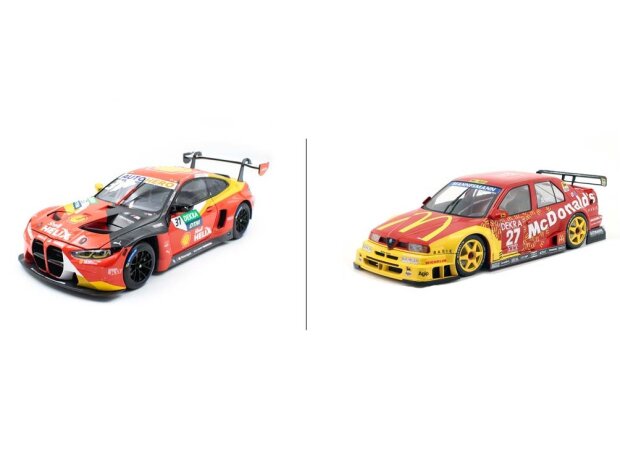 1:18 Miniaturmodelle im DTM-Shop: Der BMW M4 GT3 von Sheldon van der Linde aus dem Jahr 2022 und der Alfa Romeo 155 V6 TI aus der ITC-Saison 1995