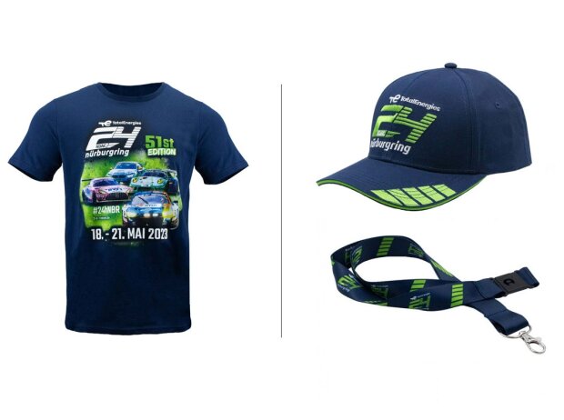 Das T-Shirt 51st Edition, die Cap 51st Edition und das Schlüsselband aus der 24h-Rennen Nürburgring Fan-Kollektion 2023 Das T-Shirt 51st Edition, die Cap 51st Edition und das Schlüsselband aus der 24h-Rennen Nürburgring Fan-Kollektion 2023