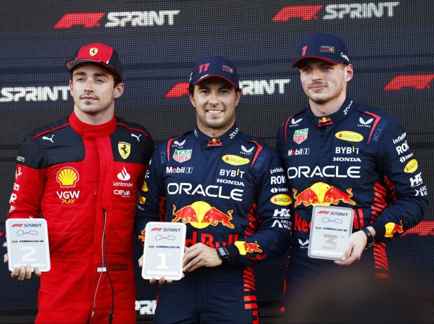 Titel-Bild zur News: Charles Leclerc, Sergio Perez, Max Verstappen