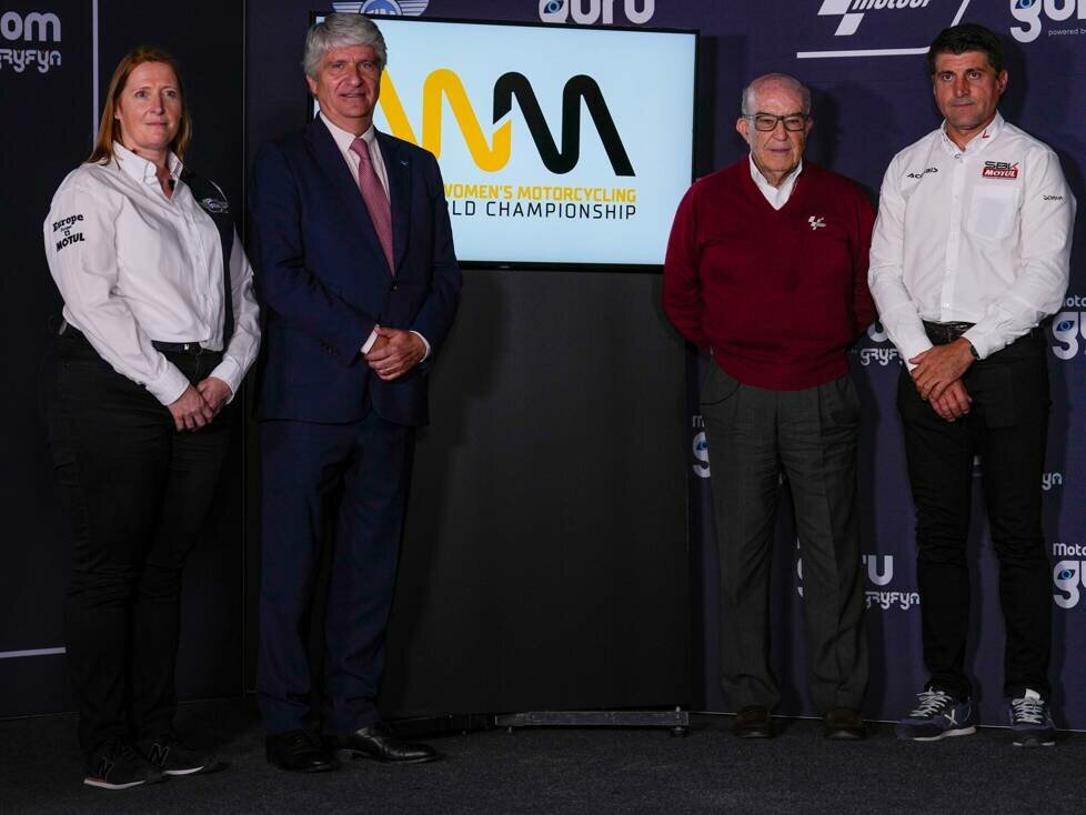 Françoise Emery (FIM CEO); Jorge Viegas (FIM President); Carmelo Ezpeleta (CEO of Dorna Sports) and Gregorio Lavilla (WorldSBK Executive Director)