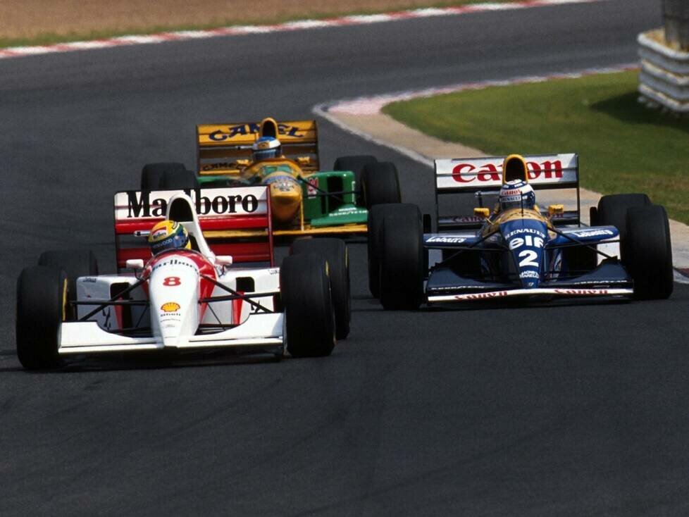 Formel 1 1993: Ayrton Senna im McLaren, Michael Schumacher im Benetton, Alain Prost im Williams