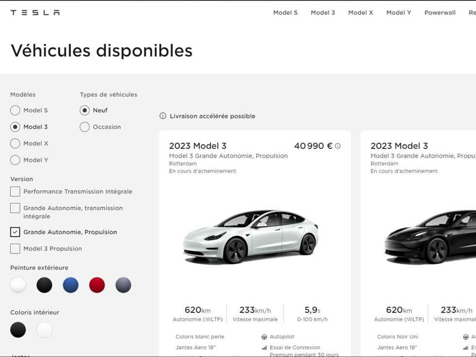 Tesla Model 3: Neue Version im französischen Shop für verfügbare Fahrzeuge