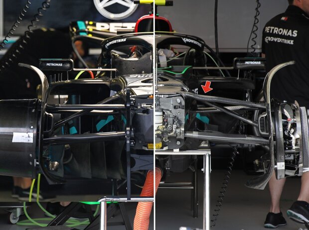 Titel-Bild zur News: Die Vorderrad-Aufhängung von Mercedes vor Monaco (links) und ab Monaco (rechts)
