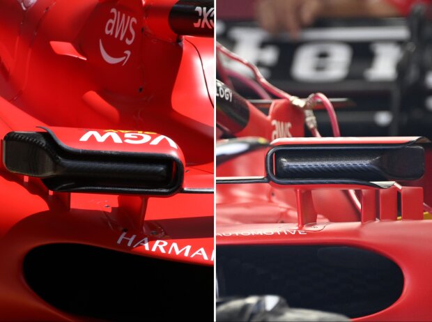 Links neu, rechts alt: Die Spiegelverkleidung am Ferrari SF-23 Links neu, rechts alt: Die Spiegelverkleidung am Ferrari SF-23