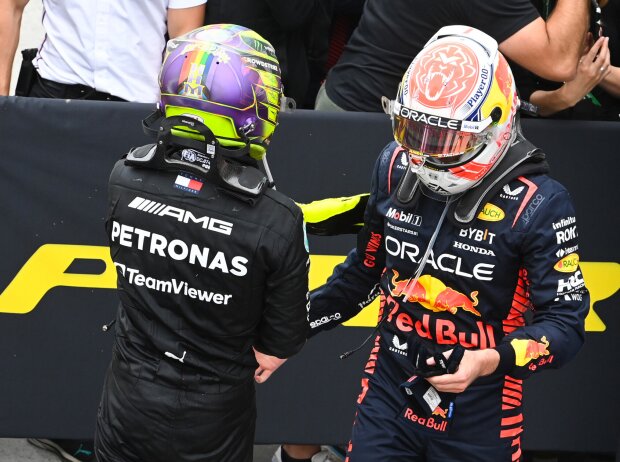 Titel-Bild zur News: Lewis Hamilton (Mercedes) und Max Verstappen (Red Bull) nach dem Formel-1-Rennen in Kanada 2023