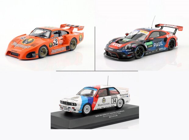 Modelle des Kremer Porsche 935 K4 #52 von 1981, Porsche 911 GT3 R #24 von 2022 und BMW M3 (E30) #14 von 1992