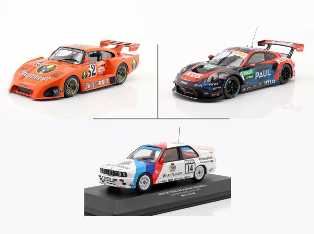 Modelle des Kremer Porsche 935 K4 #52 von 1981, Porsche 911 GT3 R #24 von 2022 und BMW M3 (E30) #14 von 1992 Modelle des Kremer Porsche 935 K4 #52 von 1981, Porsche 911 GT3 R #24 von 2022 und BMW M3 (E30) #14 von 1992