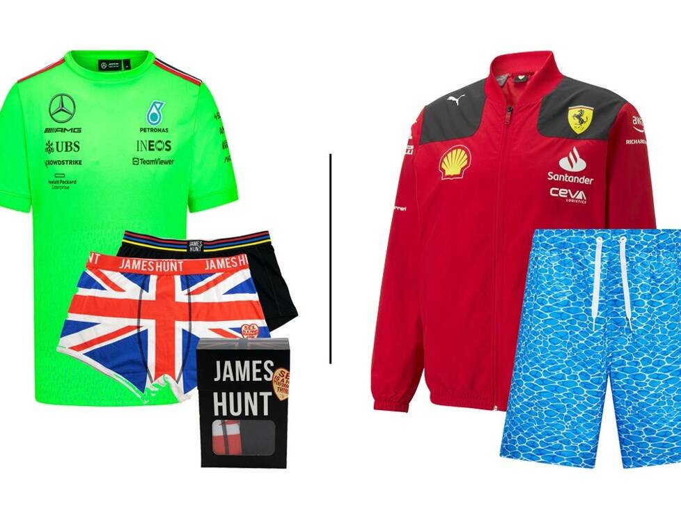 Ebenfalls in unserem Fanshop erhältlich: Mercedes-AMG Petronas Team T-Shirt grün, James Hunt Boxershorts Helmet + Union Jack Doppelpack, Scuderia Ferrari Team Jacke rot, Mercedes-AMG Petronas George Russell Badeshorts