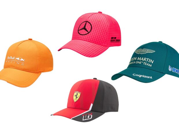 Unter anderem erhältlich in unserem Fanshop: Red Bull Racing Classic Cap orange, Mercedes-AMG Petronas Lewis Hamilton Cap pink, Scuderia Ferrari Kinder Cap Leclerc rot, Aston Martin F1 Official Sebastian Vettel Kinder Cap grün