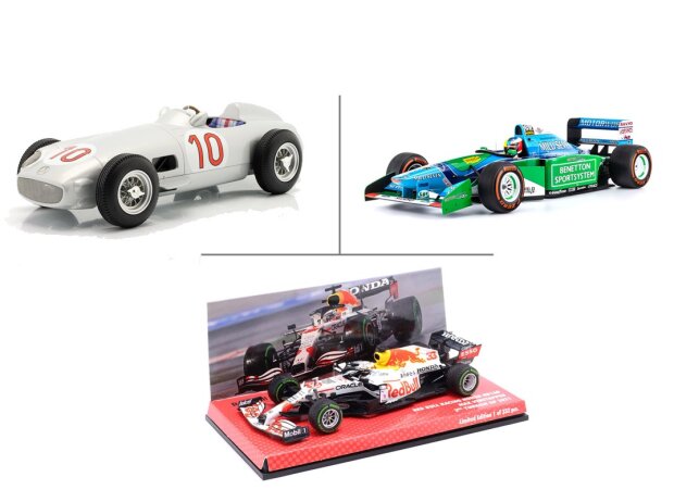 Unser Fanshop bietet originalgetreue Modelle verschiedenster Maßstäben an, beispielsweise: J.M. Fangio Mercedes W196 1955 in 1:18, Mick Schumacher Benetton B194 Demo Run Belgien 2017 in 1:8, M. Verstappen Red Bull RB16B Türkei GP 2021 Limited Edition 1:43