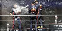 Max Verstappen, Sergio Perez und Greg Reeson feiern den Red-Bull-Doppelsieg in Spa 2023