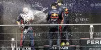 Max Verstappen, Sergio Perez und Greg Reeson feiern den Red-Bull-Doppelsieg in Spa 2023