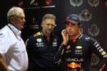 Helmut Marko, Christian Horner und Sergio Perez (Red Bull) 