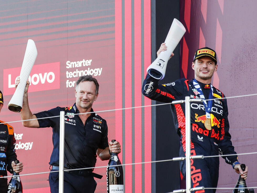 Oscar Piastri, Christian Horner, Max Verstappen