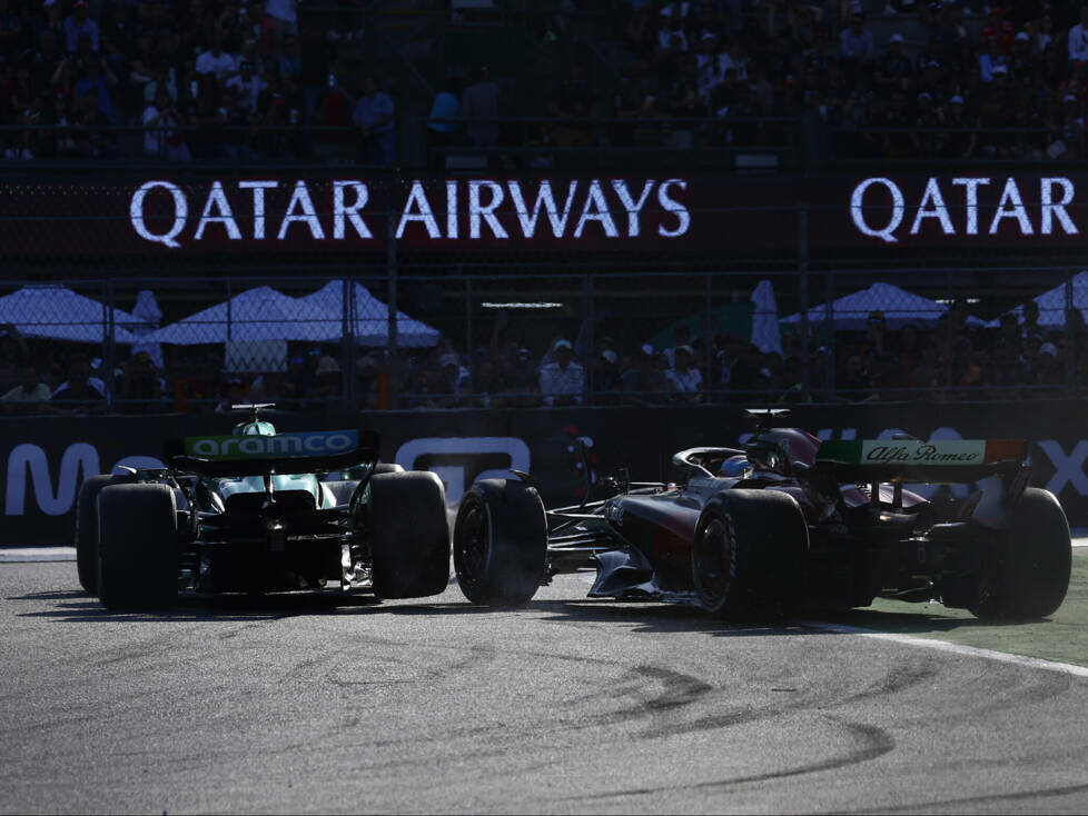 Lance Stroll (Aston Martin) und Valtteri Bottas (Alfa Romeo) kollidieren beim Formel-1-Rennen in Mexiko 2023