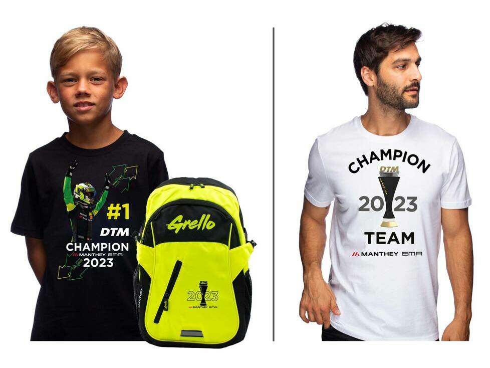 Kinder T-Shirt "Preining DTM Champion 2023", Rucksack "DTM Champion 2023", T-Shirt "Team Champion 2023" der Manthey Racing Grello-Kollektion