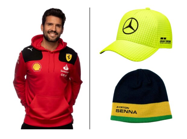 Scuderia Ferrari Team Kapuzenpullover, Original Driver Cap von Lewis Hamilton in gelb, Ayrton Senna Beanie