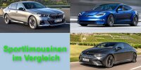 Bild zum Inhalt: Tesla Model S Plaid, BMW i5 und Mercedes EQE im Vergleich