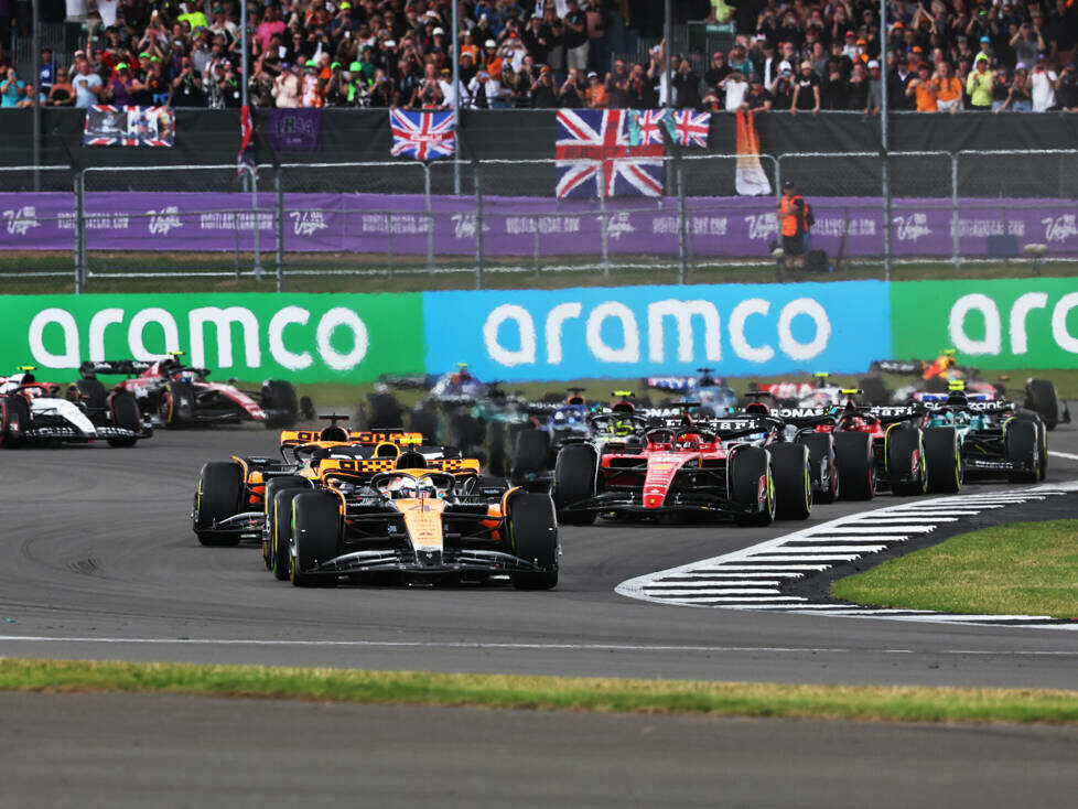 Lando Norris, Max Verstappen, Oscar Piastri, Charles Leclerc, George Russell