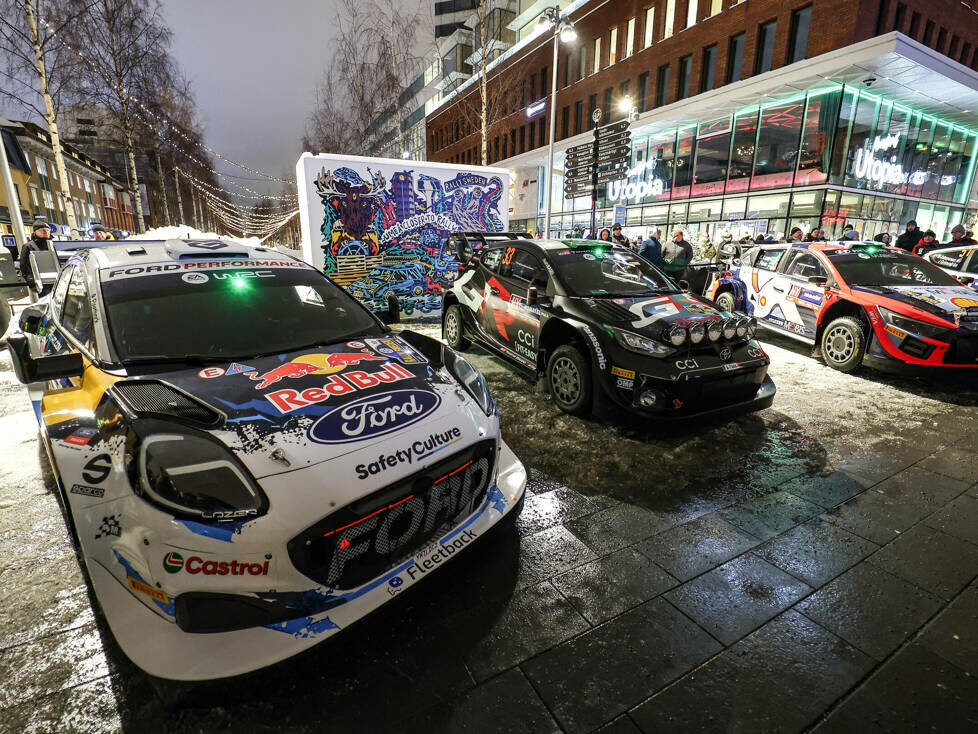 Autos der drei WRC-Hersteller M-Sport-Ford, Toyota und Hyundai