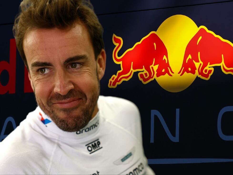Formel-1-Fahrer Fernando Alonso vor einem Red-Bull-Logo (Fotomontage)