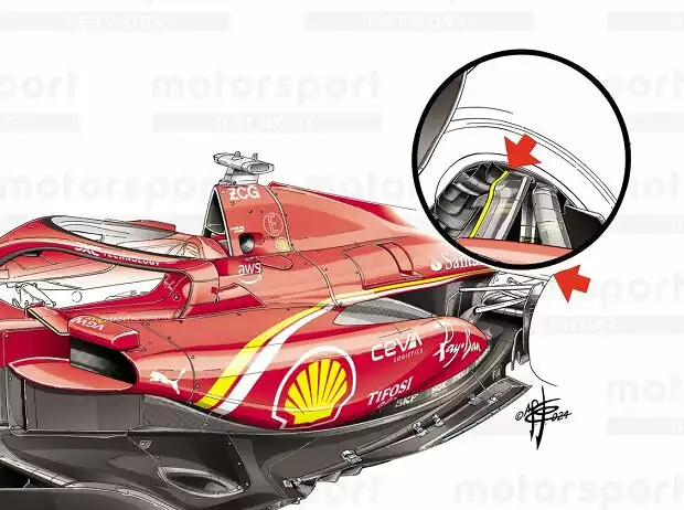 Seitenkasten und Hinterrad-Aufhängung am Ferrari SF-24 in Japan 2024 Titel-Bild zur News: Seitenkasten und Hinterrad-Aufhängung am Ferrari SF-24 in Japan 2024
