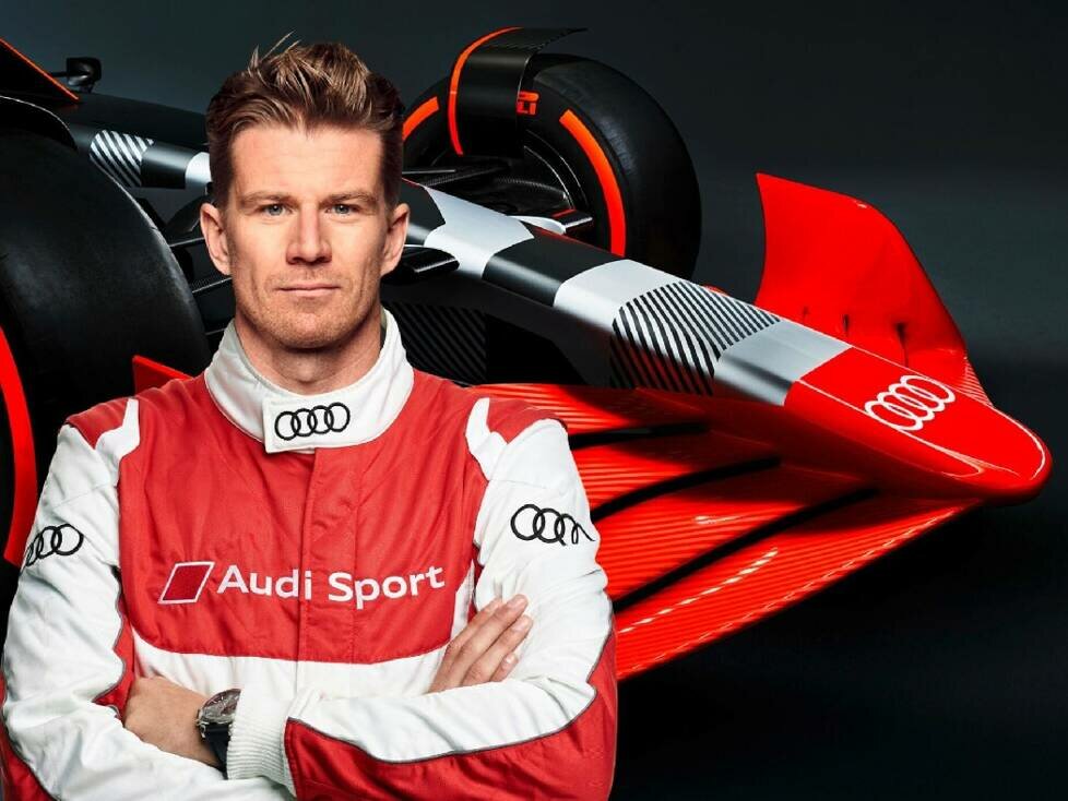 Nico Hülkenberg als Audi-Fahrer vor einem Audi-Showcar (Fotomontage)