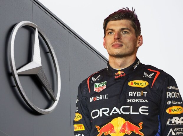 Titel-Bild zur News: Red-Bull-Fahrer Max Verstappen vor einem Mercedes-Logo