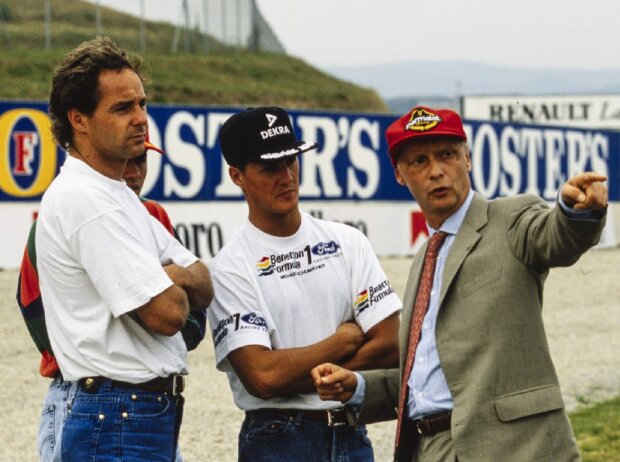 Die Vorsitzenden der neuen Fahrergewerkschaft: Berger, Fittipaldi (verdeckt), Schumacher, Lauda