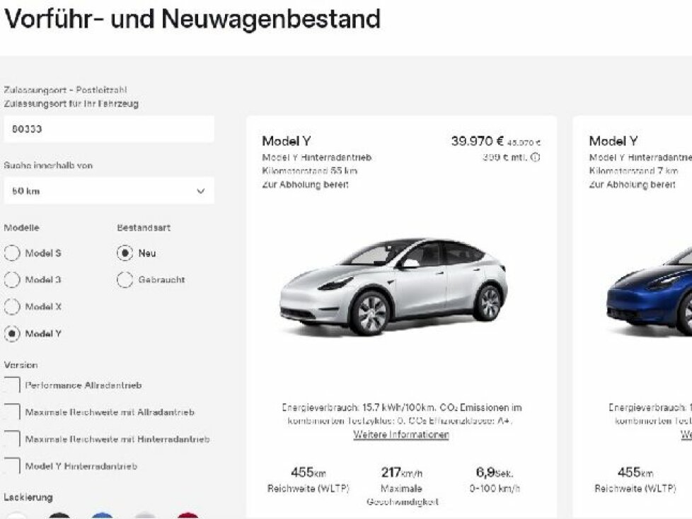 Screenshot von der Liste der vorkonfigurierten Model Y von der Tesla-Website