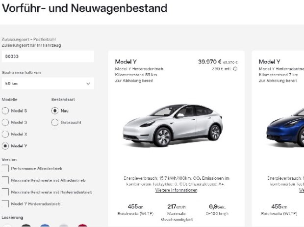 Screenshot von der Liste der vorkonfigurierten Model Y von der Tesla-Website Screenshot von der Liste der vorkonfigurierten Model Y von der Tesla-Website