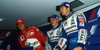 Michael Schumacher, Jacques Villeneuve und Heinz-Harald Frentzen bei der Pressekonferenz nach dem Formel-1-Qualifying in Jerez 1997