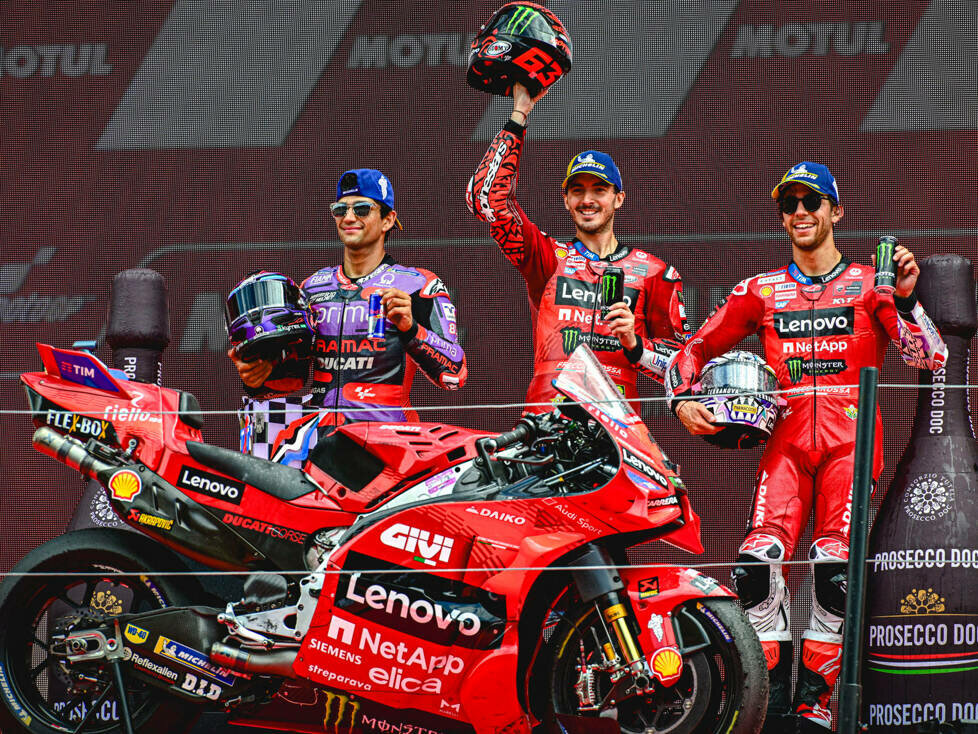 Podium: 1. Francesco Bagnaia, 2. Jorge Martin, 3. Enea Bastianini